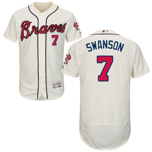 Braves #7 Dansby Swanson Cream Flexbase Authentic Collection Stitched MLB Jersey - Click Image to Close